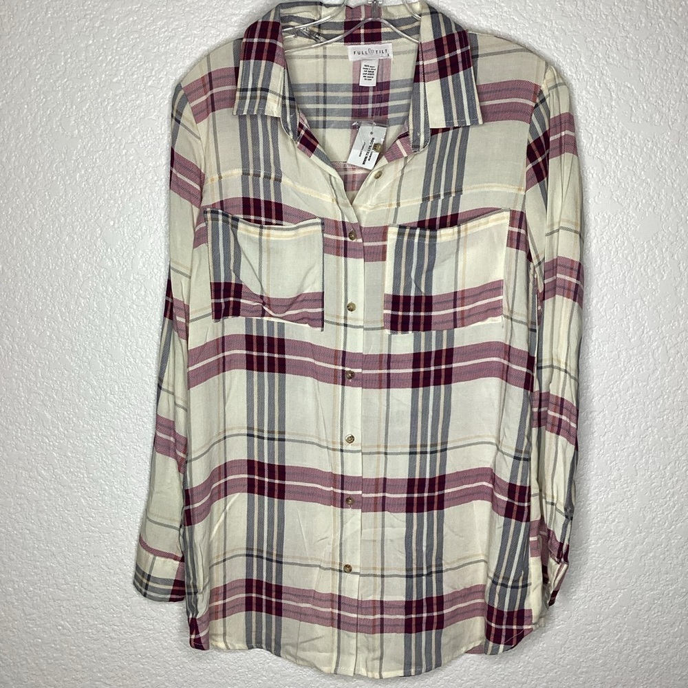FULL TILT TILLYS SIZE S TOP CREAM PLAID BOYFRIEND BLOUSE LONG SLEEVES WINTER